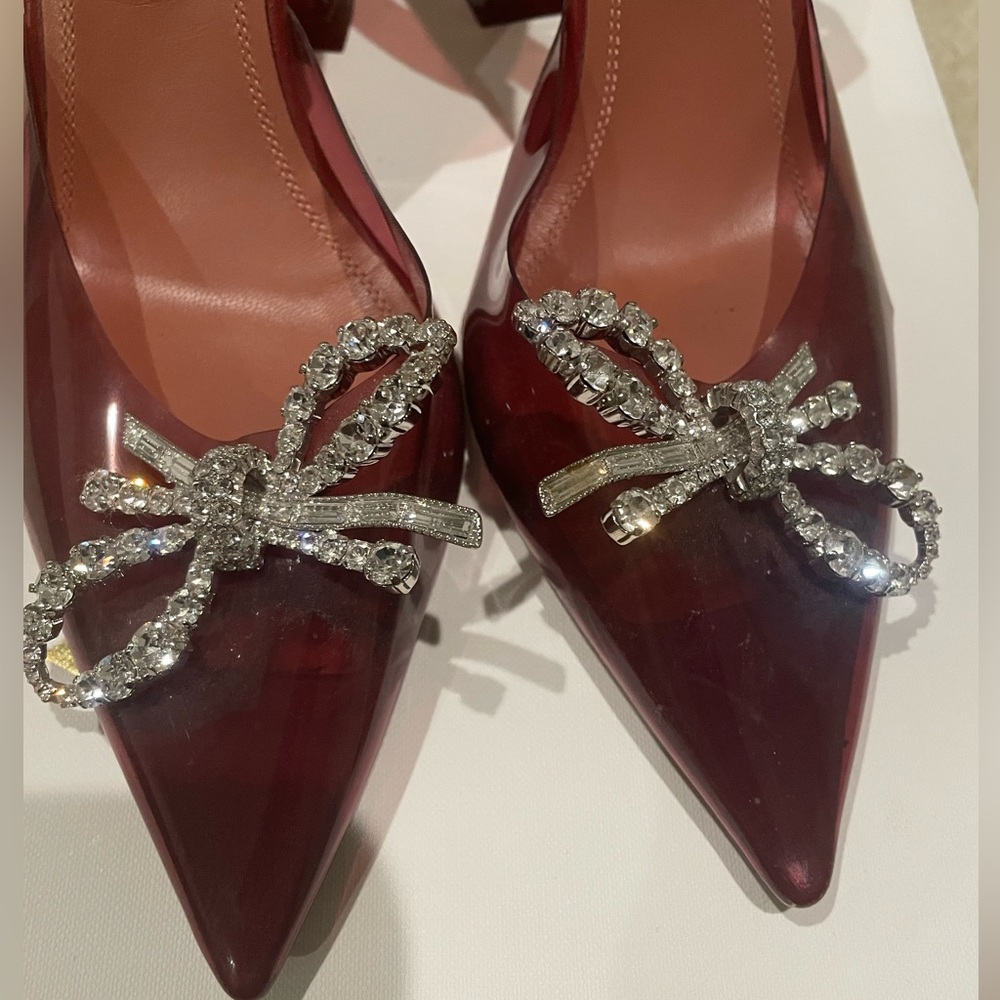 Amina Muaddi Burgundy PVC Slingback Pumps with Crystal Bow - Picture 3 of 8